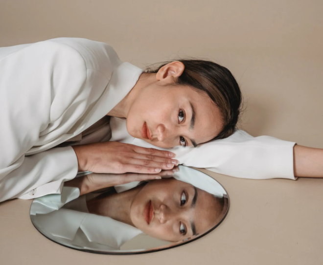 Woman mirror watching reflection beauty sleep